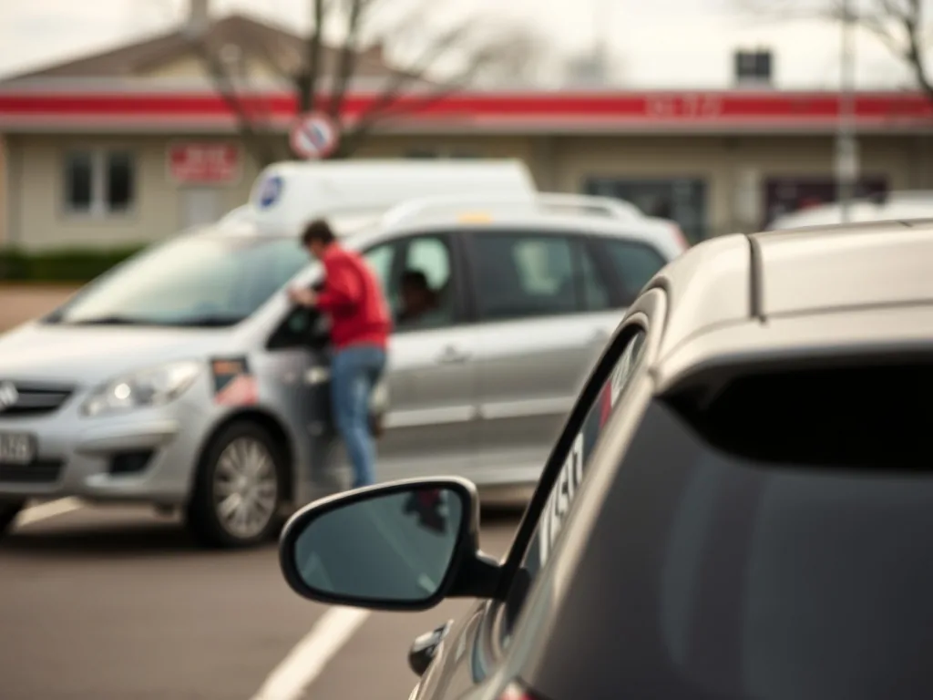Un élève au volant avec un moniteur d'auto-école, vu de l'intérieur du véhicule, plan serré sur le tableau de bord et la