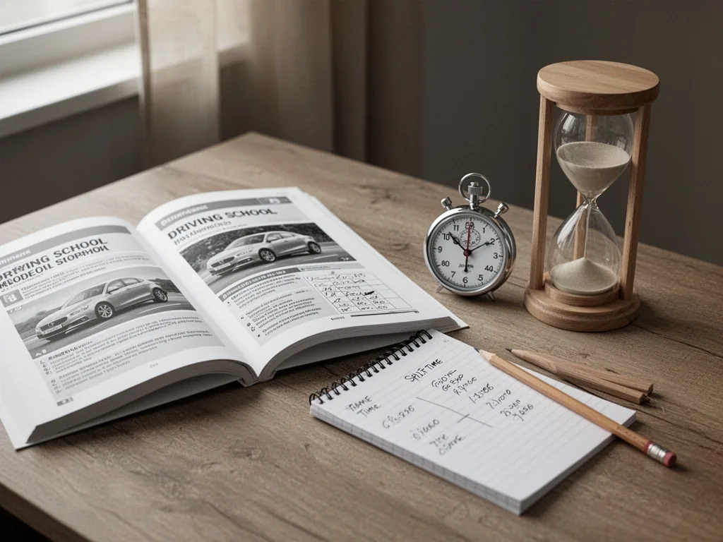 A wooden desk with a driving school manual open beside a stopwatch and an hourglass, a pencil and notepad with split-tim