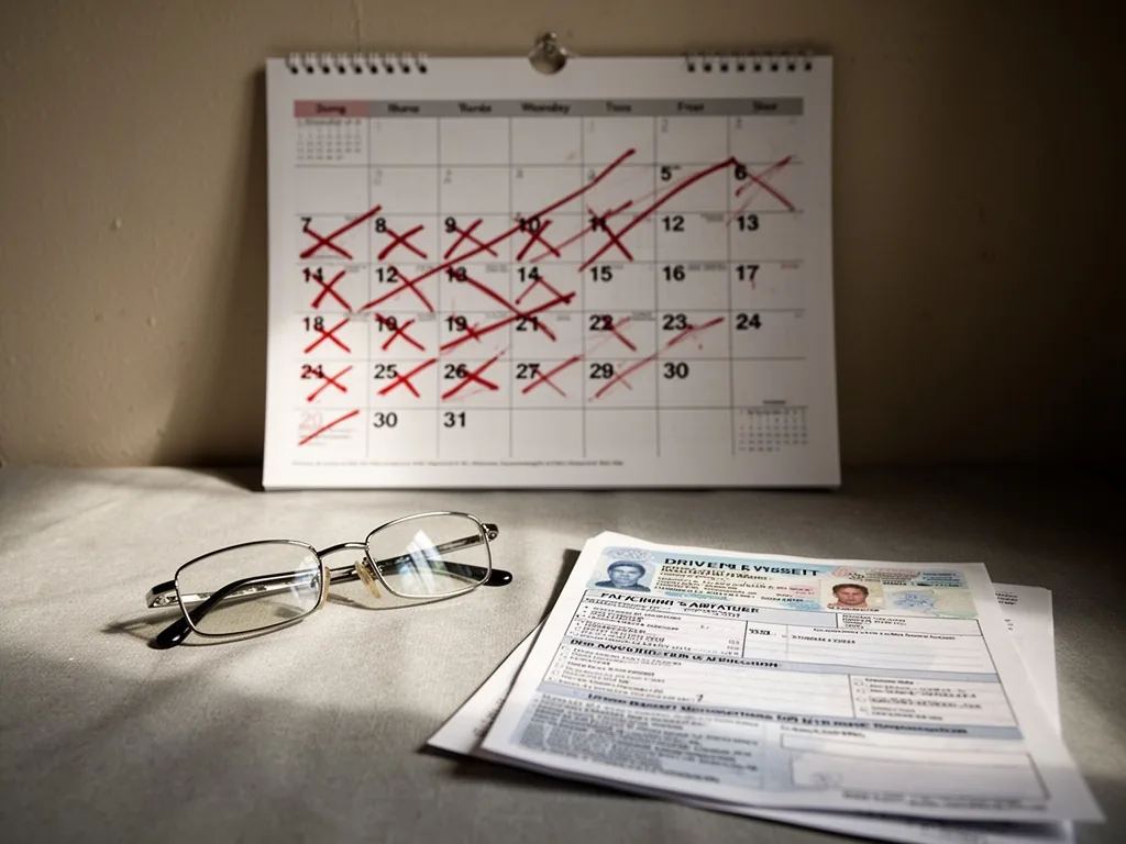 A wall calendar with several dates crossed out in red marker, a pair of reading glasses and a driver's license applicati