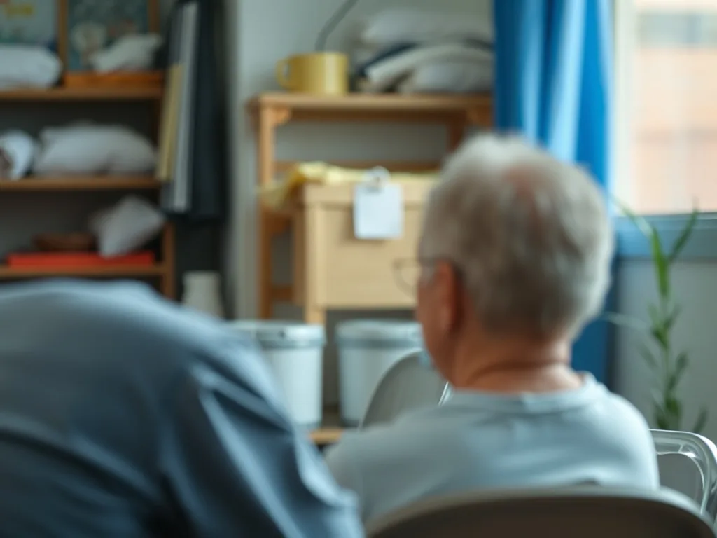 Une professionnelle en tenue de travail discute avec une personne âgée dans un salon parisien, documents de formation sur la