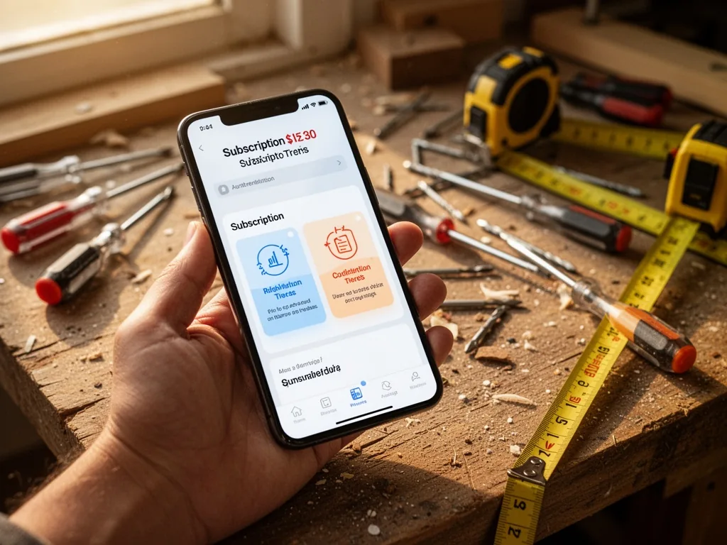 A smartphone screen showing three subscription tiers held by a hand, resting on a messy wooden workbench with scattered 